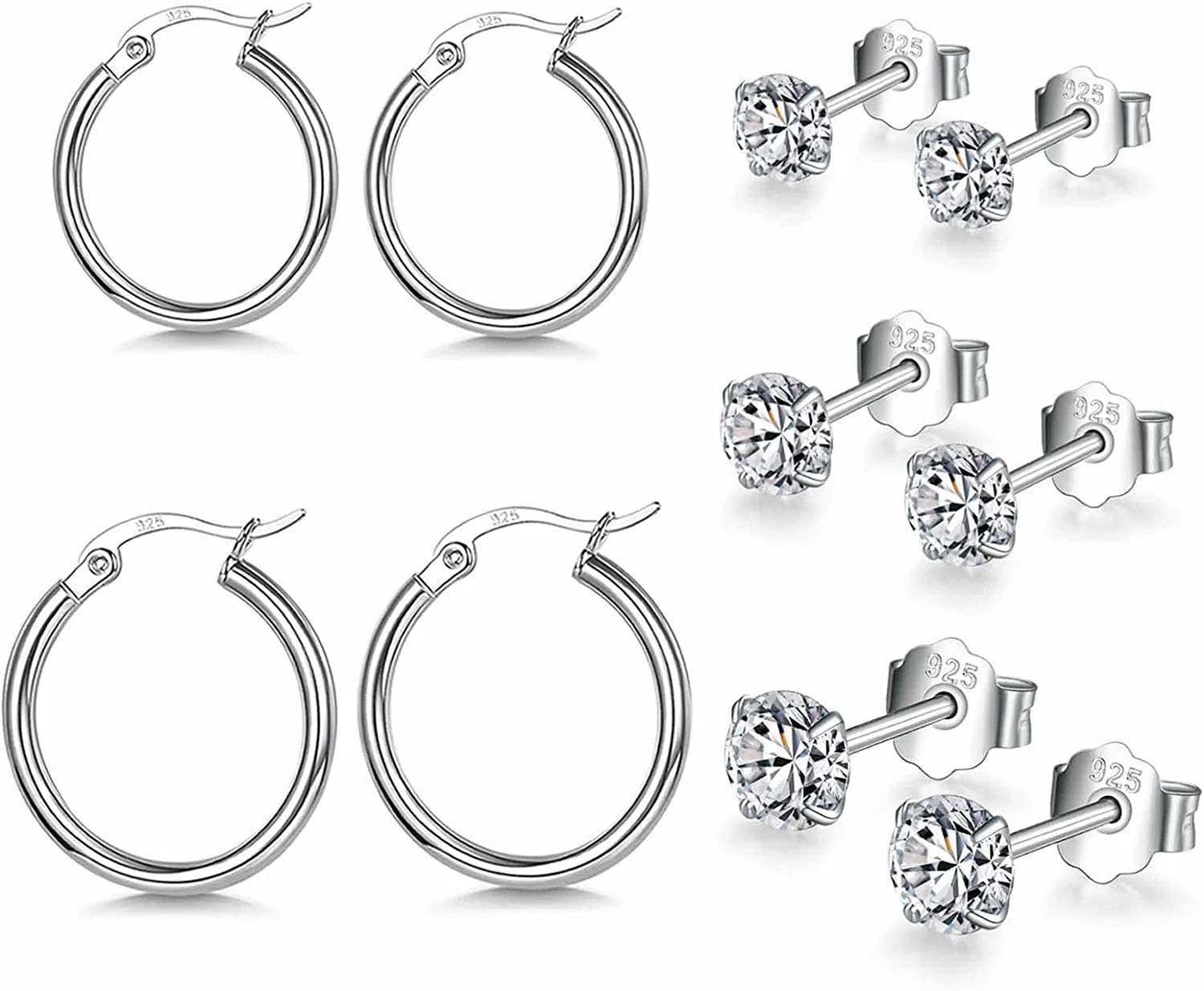 Small Sterling Silver Stud Earrings Set Tiny Cartilage Huggie Hoop Earrings Cubic Zirconia Cuff Earrings Silver Hoop Earrings for Women Men Girls dSilver-Silver Hoop+CZ Studs