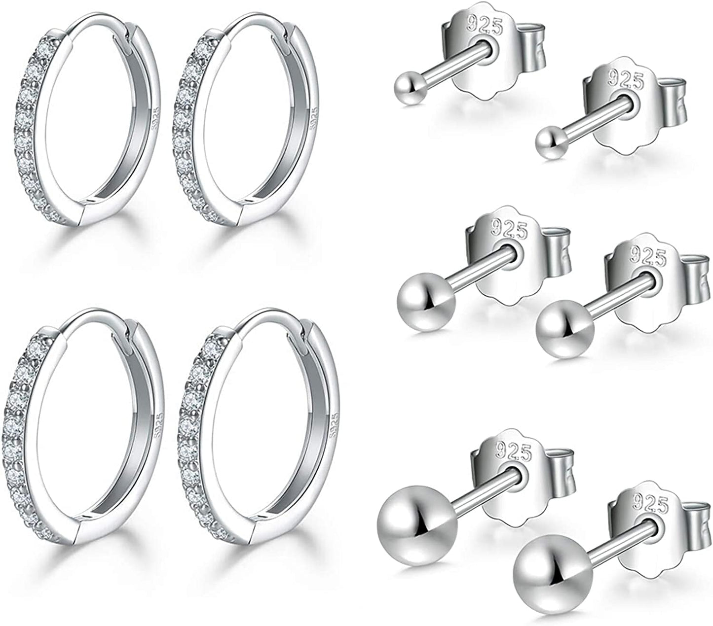 Small Sterling Silver Stud Earrings Set Tiny Cartilage Huggie Hoop Earrings Cubic Zirconia Cuff Earrings Silver Hoop Earrings for Women Men Girls fSilver-Ball Studs+Hoop