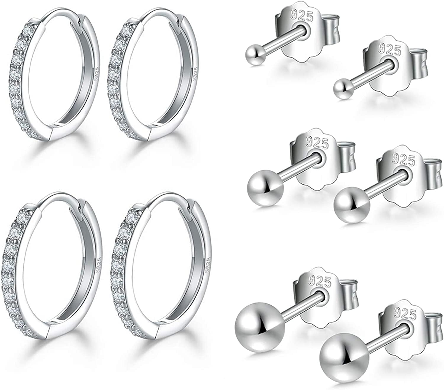 Small Sterling Silver Stud Earrings Set Tiny Cartilage Huggie Hoop Earrings Cubic Zirconia Cuff Earrings Silver Hoop Earrings for Women Men Girls fSilver-Ball Studs+Hoop
