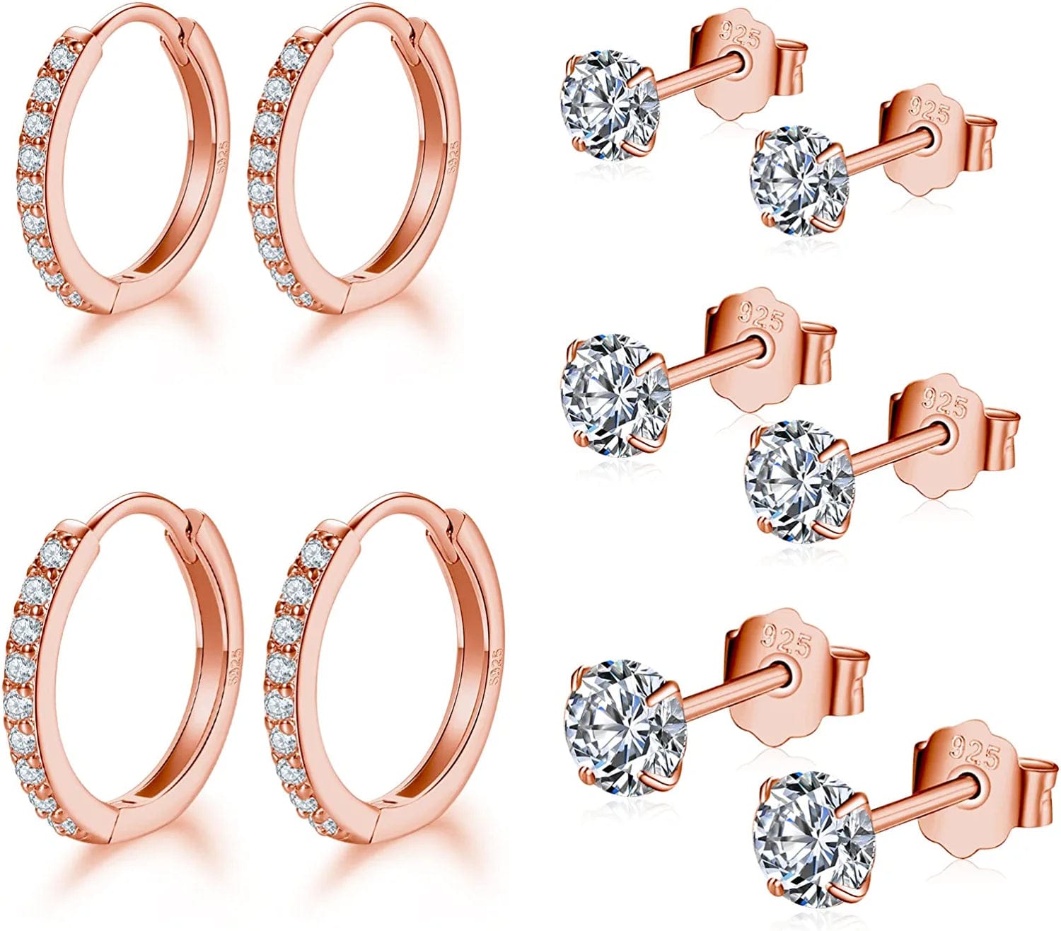 Small Sterling Silver Stud Earrings Set Tiny Cartilage Huggie Hoop Earrings Cubic Zirconia Cuff Earrings Silver Hoop Earrings for Women Men Girls bRose gold-Cubic Zirconia Studs+Hoop