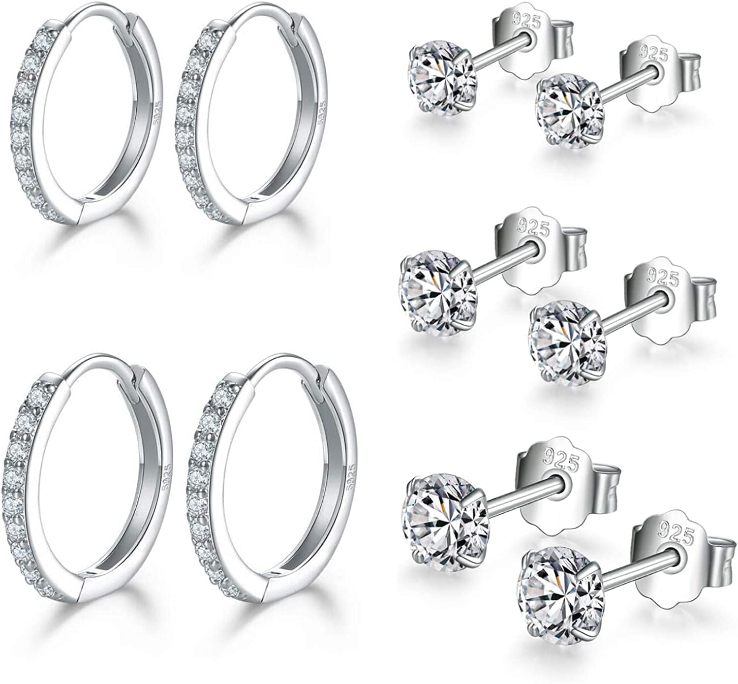 Small Sterling Silver Stud Earrings Set Tiny Cartilage Huggie Hoop Earrings Cubic Zirconia Cuff Earrings Silver Hoop Earrings for Women Men Girls aSilver-Cubic Zirconia Studs+Hoop
