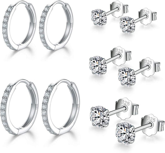 Small Sterling Silver Stud Earrings Set Tiny Cartilage Huggie Hoop Earrings Cubic Zirconia Cuff Earrings Silver Hoop Earrings for Women Men Girls aSilver-Cubic Zirconia Studs+Hoop