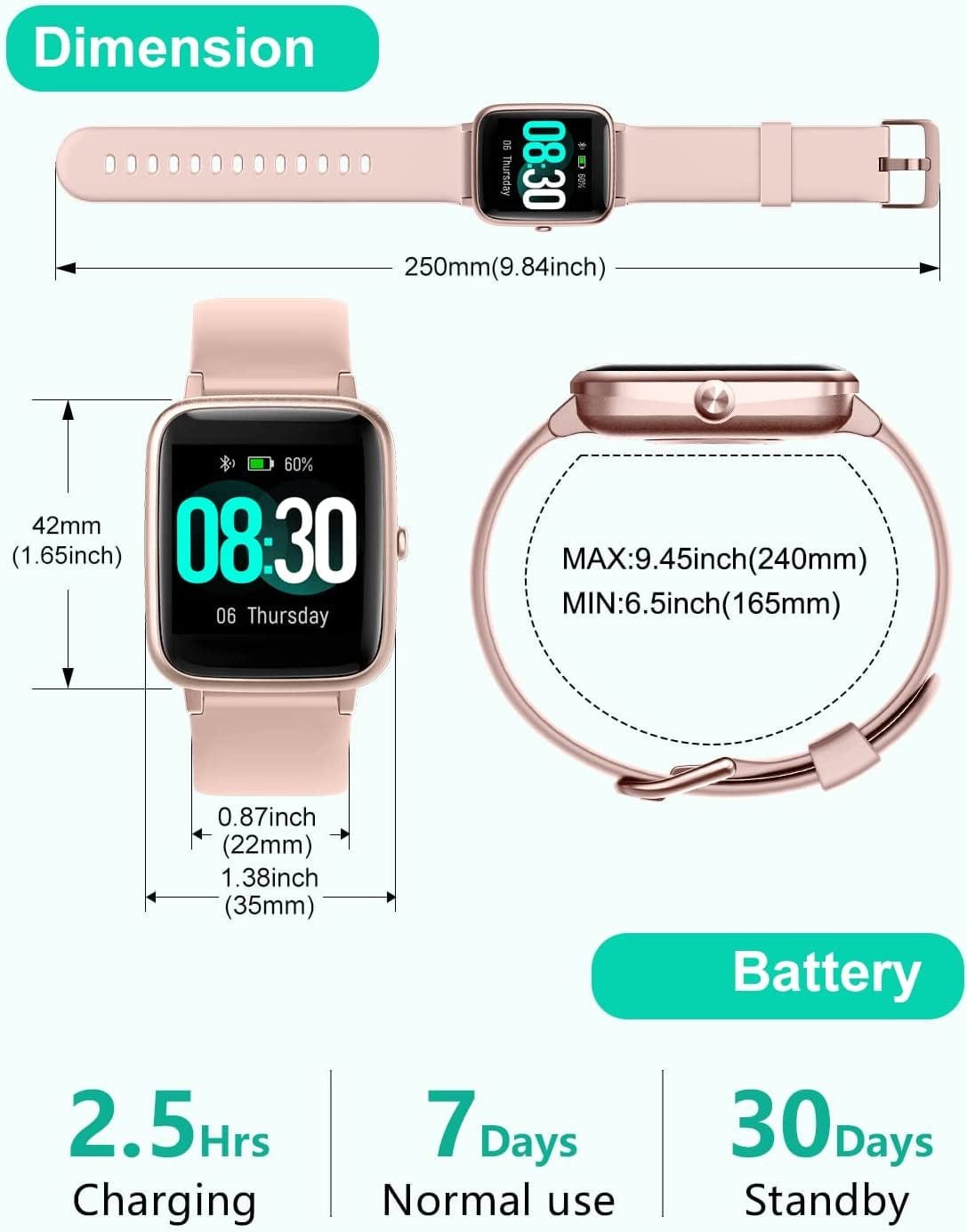 Smart Watch for Ios and Android Phones, Watches for Women IP68 Waterproof Smartwatch Fitness Tracker Watch with Heart Rate/Sleep Monitor Steps Calories Counter (Pink)