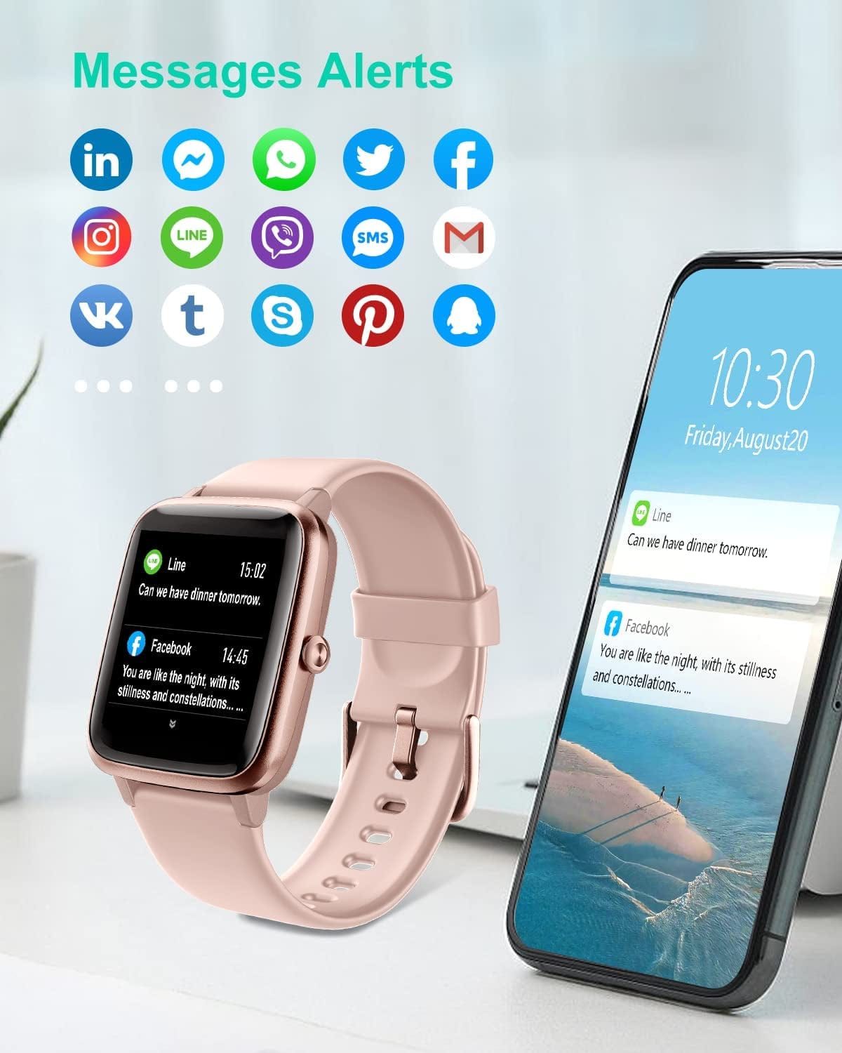 Smart Watch for Ios and Android Phones, Watches for Women IP68 Waterproof Smartwatch Fitness Tracker Watch with Heart Rate/Sleep Monitor Steps Calories Counter (Pink)