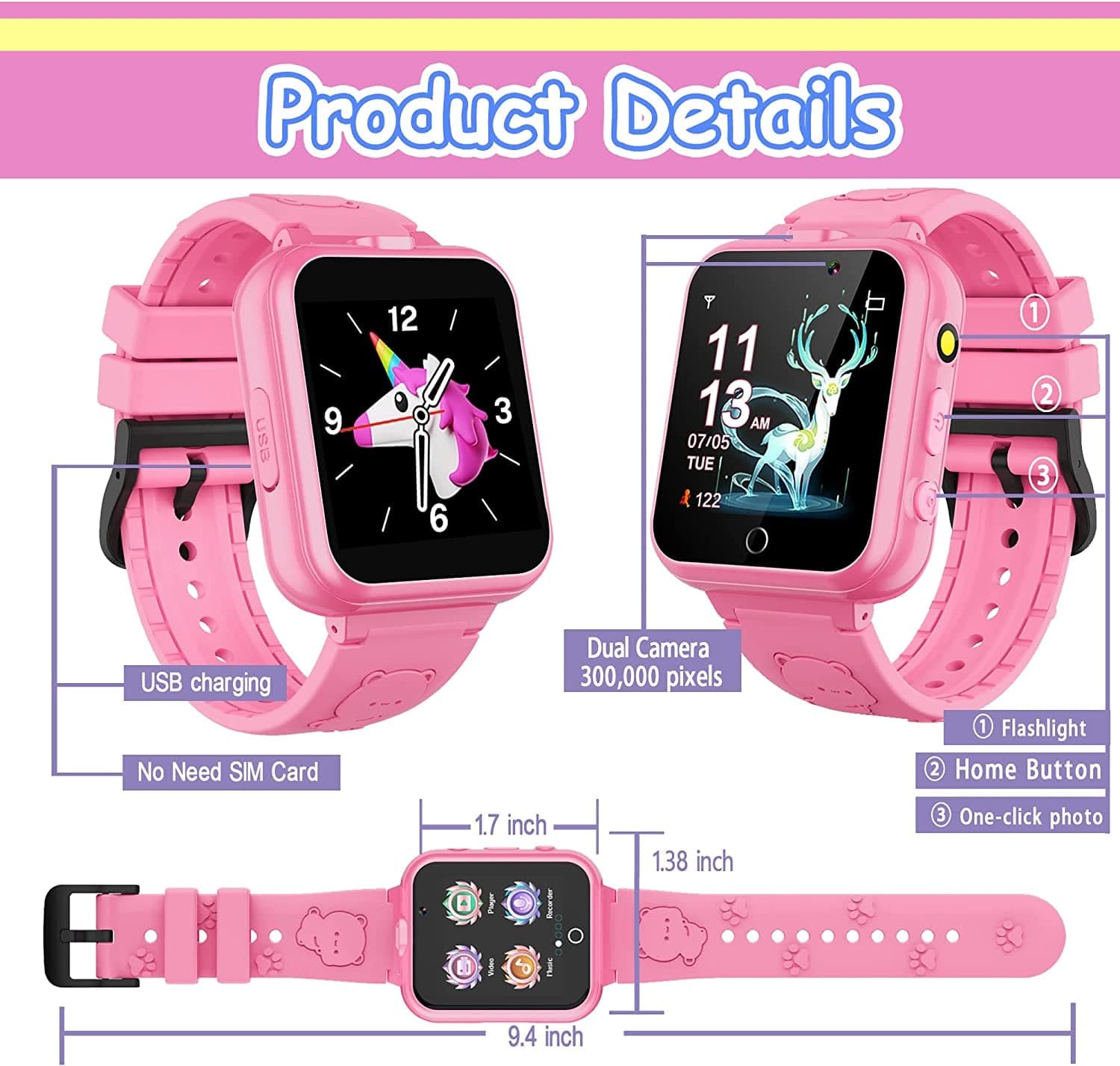 Smart Watch for Kids Girls Boys, Kids Watches with Dual Cameras 24 Learning Games Music Video Pedometer Alarm Calculator Watches, Gift for 3-10 Years Olds Girls Boys(Pink)