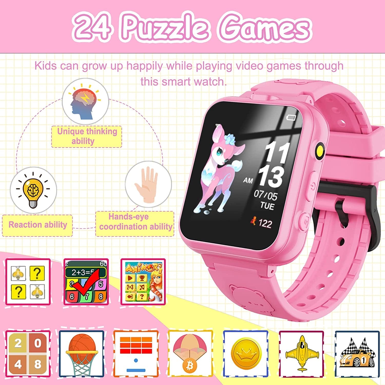 Smart Watch for Kids Girls Boys, Kids Watches with Dual Cameras 24 Learning Games Music Video Pedometer Alarm Calculator Watches, Gift for 3-10 Years Olds Girls Boys(Pink)