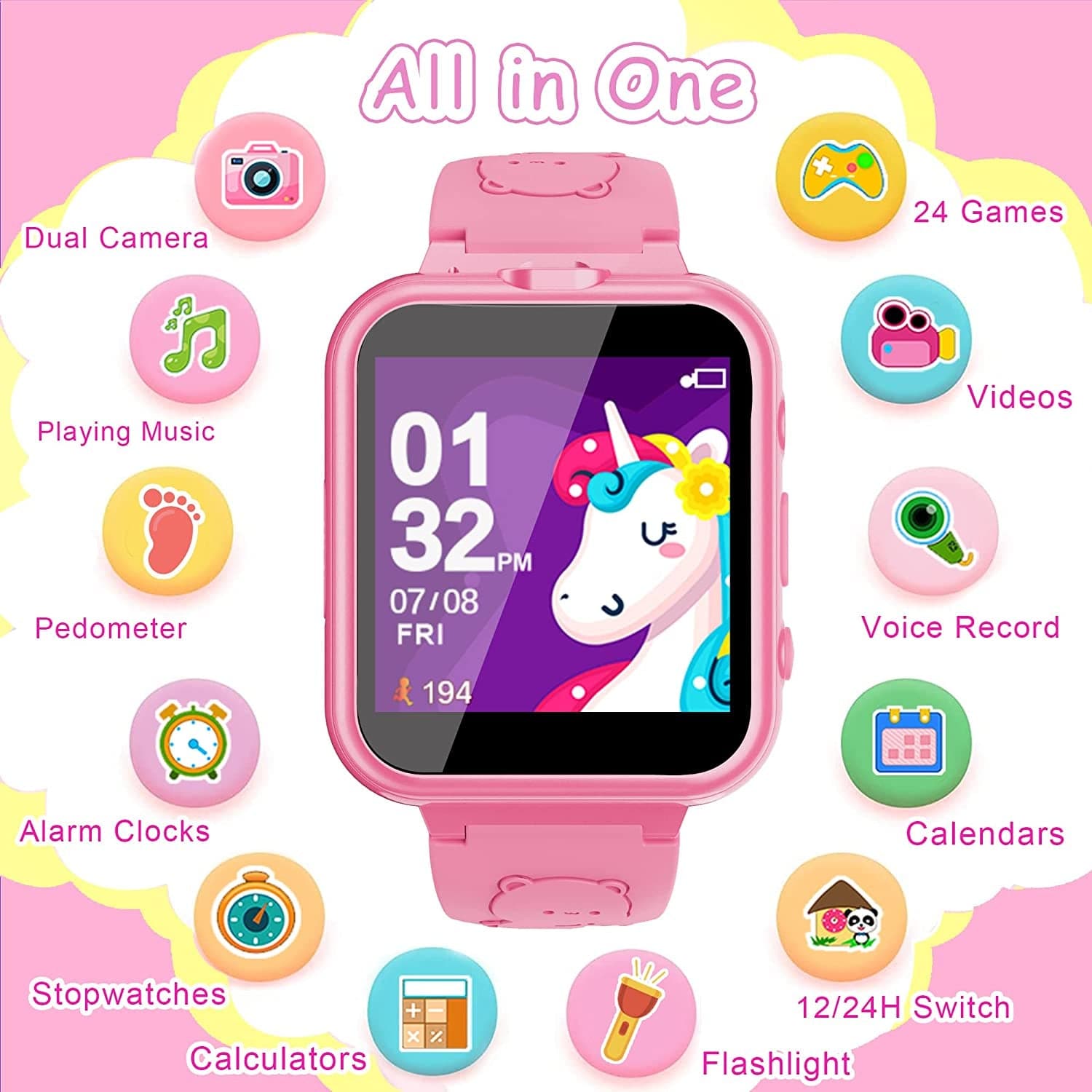Smart Watch for Kids Girls Boys, Kids Watches with Dual Cameras 24 Learning Games Music Video Pedometer Alarm Calculator Watches, Gift for 3-10 Years Olds Girls Boys(Pink)