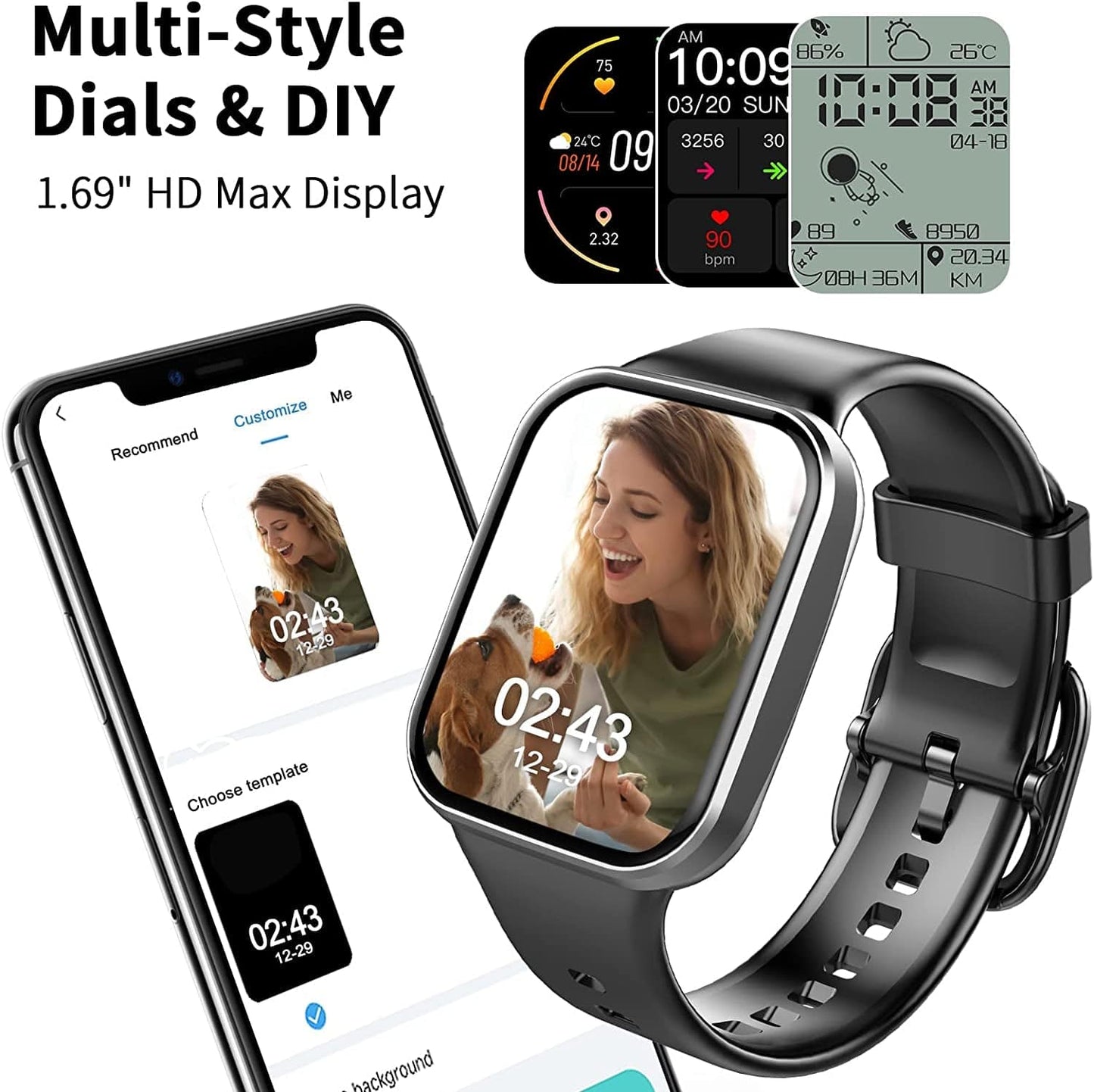 Smart Watch for Men Women, 1.69'' Fitness Tracker Health Monitor for Heart Rate, Blood Oxygen, Sleep,25 Sport Modes Activity Trackers IP68 Waterproof,Message Notification Fitness Watch for Android Ios Black / 1.69 Inches