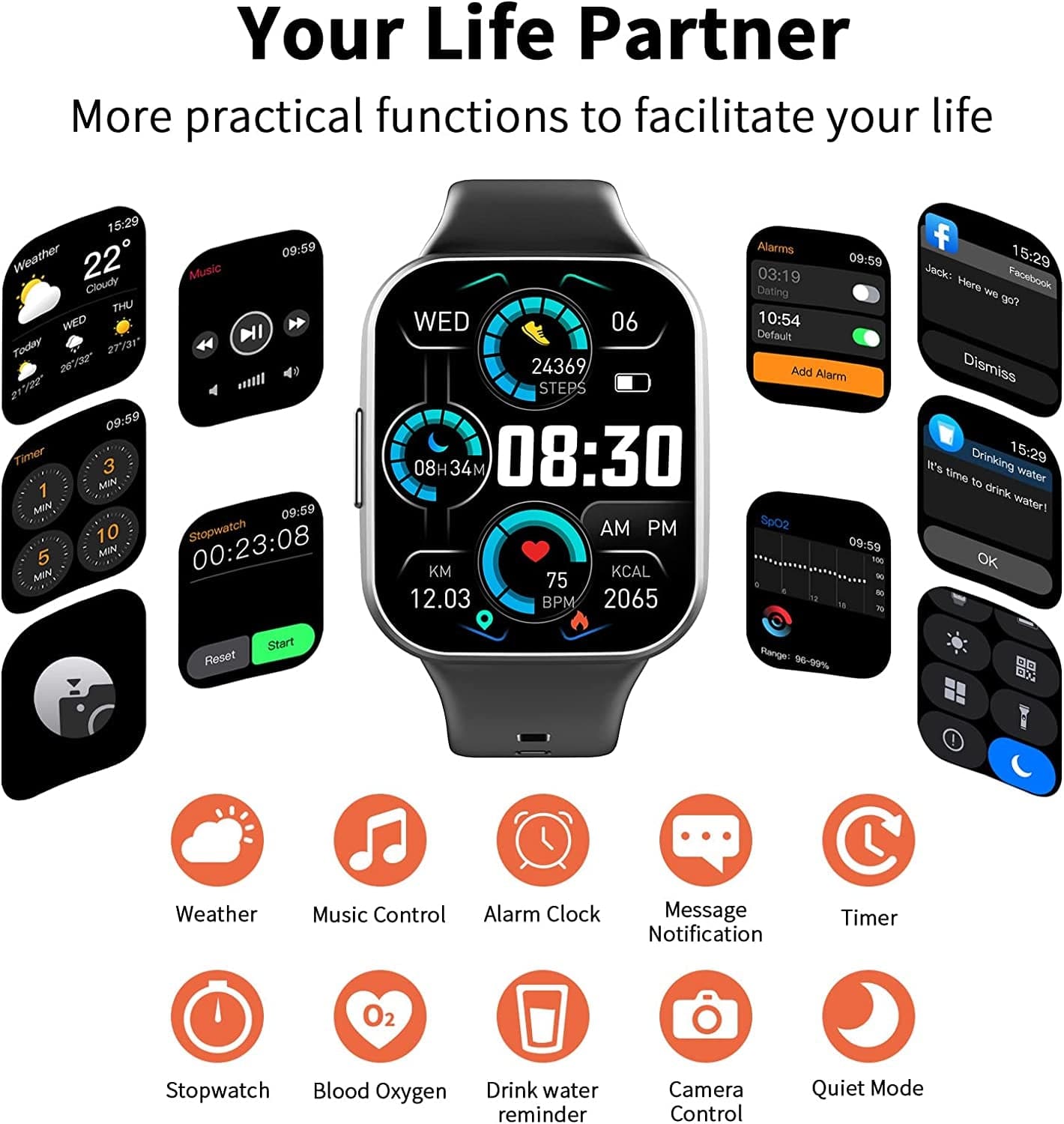 Smart Watch for Men Women, 1.69'' Fitness Tracker Health Monitor for Heart Rate, Blood Oxygen, Sleep,25 Sport Modes Activity Trackers IP68 Waterproof,Message Notification Fitness Watch for Android Ios Black / 1.69 Inches