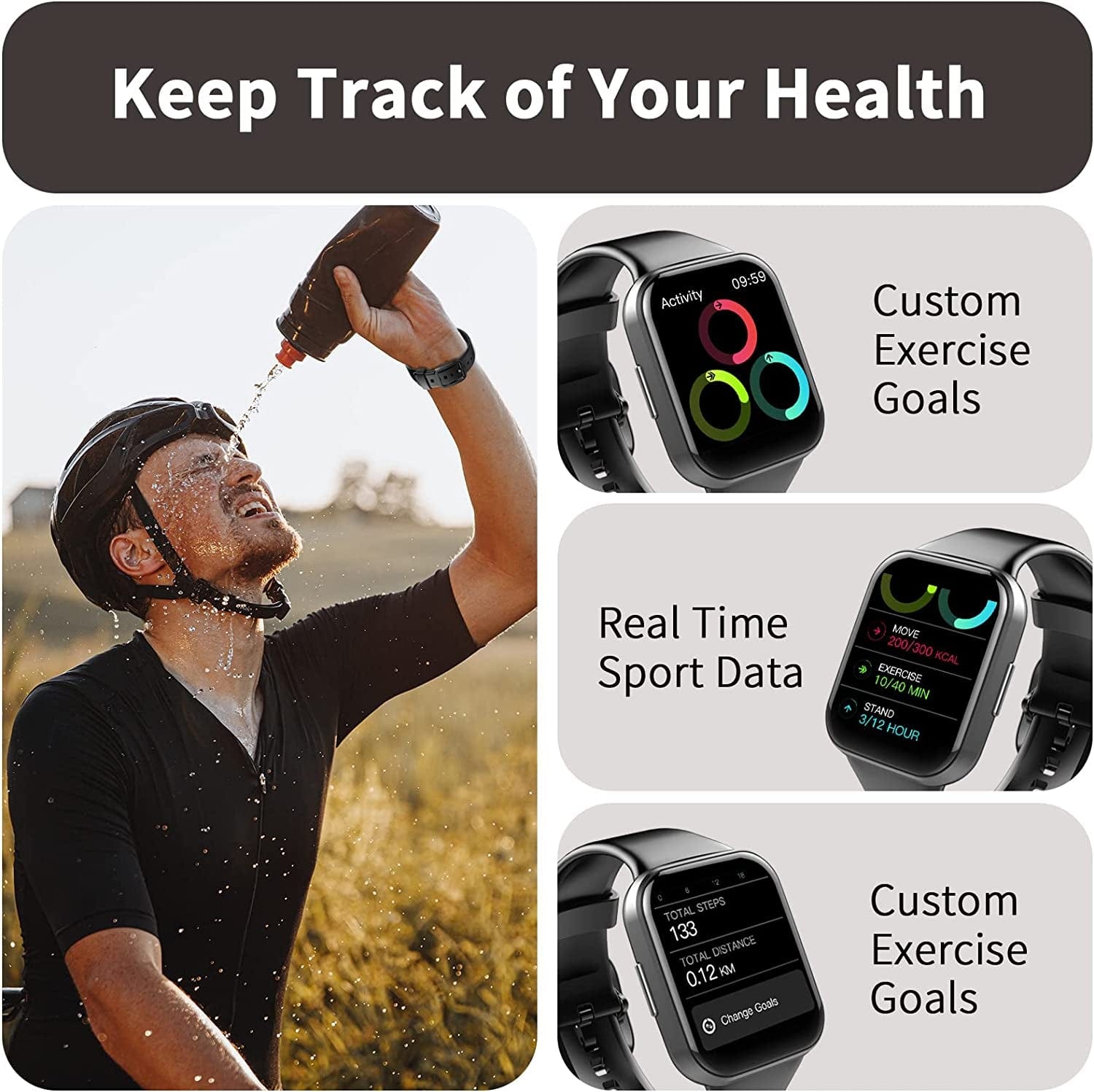Smart Watch for Men Women, 1.69'' Fitness Tracker Health Monitor for Heart Rate, Blood Oxygen, Sleep,25 Sport Modes Activity Trackers IP68 Waterproof,Message Notification Fitness Watch for Android Ios Black / 1.69 Inches