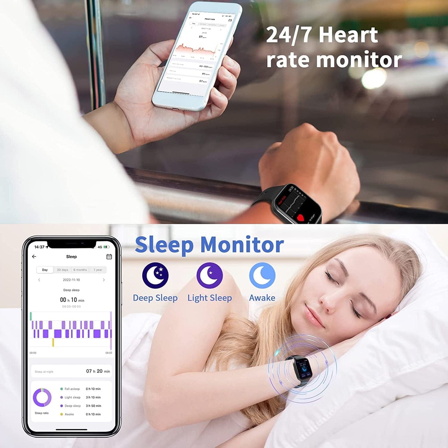 Smart Watch for Men Women, 1.69'' Fitness Tracker Health Monitor for Heart Rate, Blood Oxygen, Sleep,25 Sport Modes Activity Trackers IP68 Waterproof,Message Notification Fitness Watch for Android Ios Black / 1.69 Inches