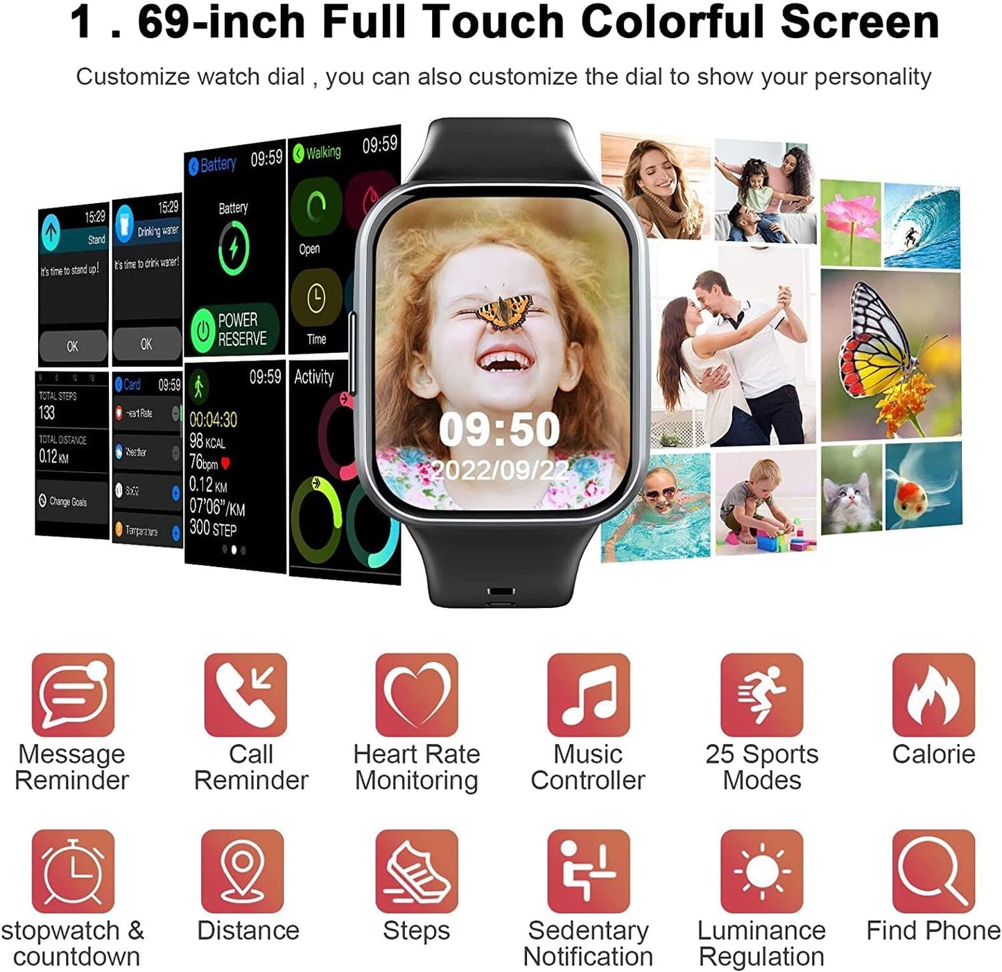 Smart Watch for Men Women, 2022 Fitness Tracker 1.69" Touch Screen Smartwatch Fitness Watch 25 Sports IP68 Waterproof, Heart Rate/Sleep Monitor/Pedometer/Calories, Activity Tracker for Android Iphone