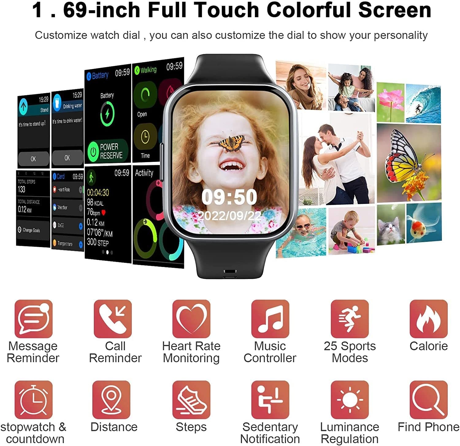 Smart Watch for Men Women, 2022 Fitness Tracker 1.69" Touch Screen Smartwatch Fitness Watch 25 Sports IP68 Waterproof, Heart Rate/Sleep Monitor/Pedometer/Calories, Activity Tracker for Android Iphone