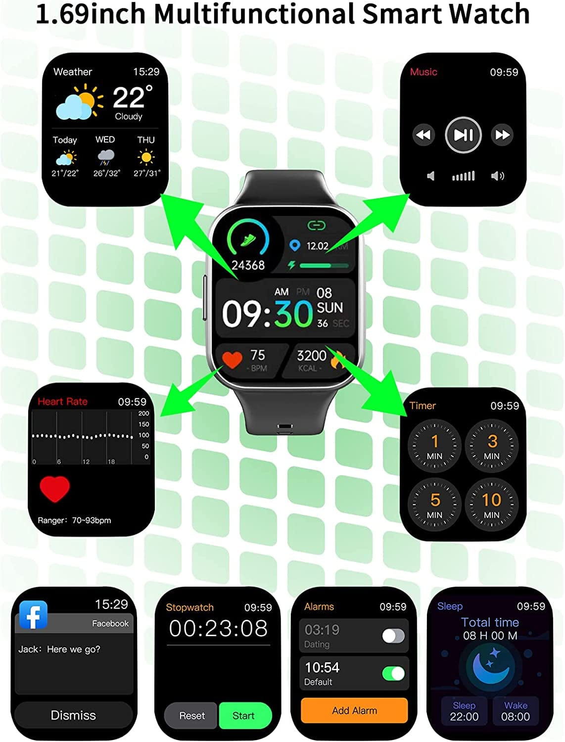 Smart Watch for Men Women, Fitness Tracker Heart Rate/Sleep Monitor, 1.69" Color Screen Fitness Watch Step/Calorie Counter, 25 Sport Modes IP68 Waterproof Activity Trackers, Smartwatch for Android Ios