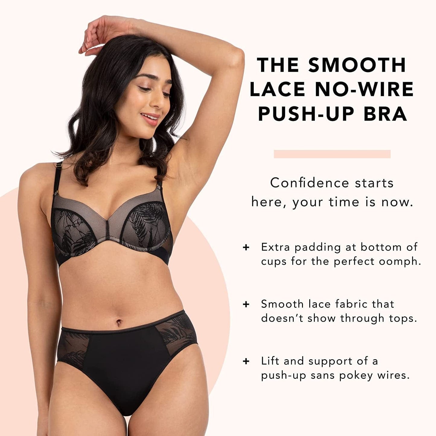 Smooth Lace No-Wire Push-Up Bra, Push up Bras for Women, Wireless Bra Converts to Racerback Bra, Everyday Bras