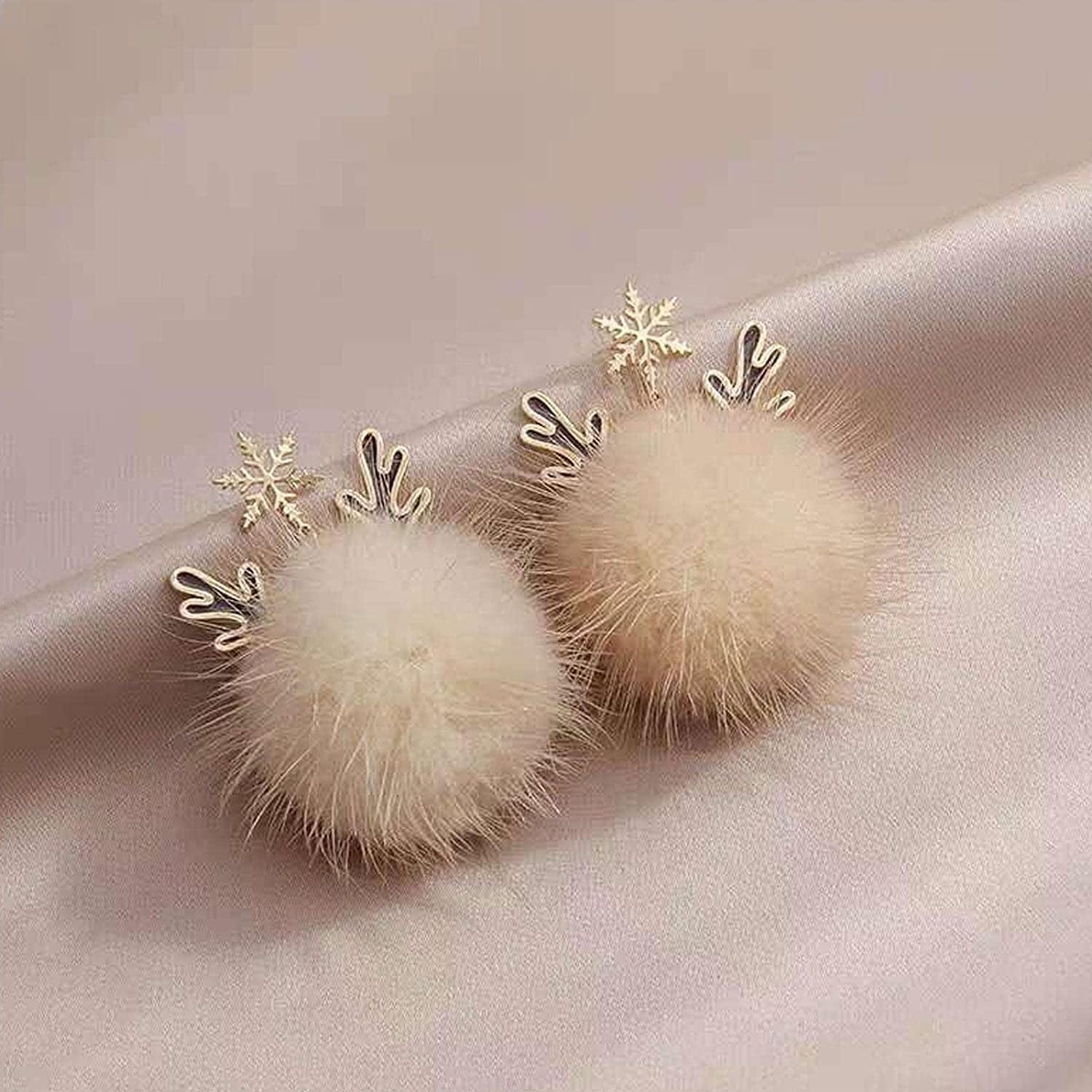 Snowflake Antler Hair Ball Earrings,Christmas Earrings with Snowflakes Reindeer,Xmas Holiday Jewelry,Autumn and Winter Ear Jewelry