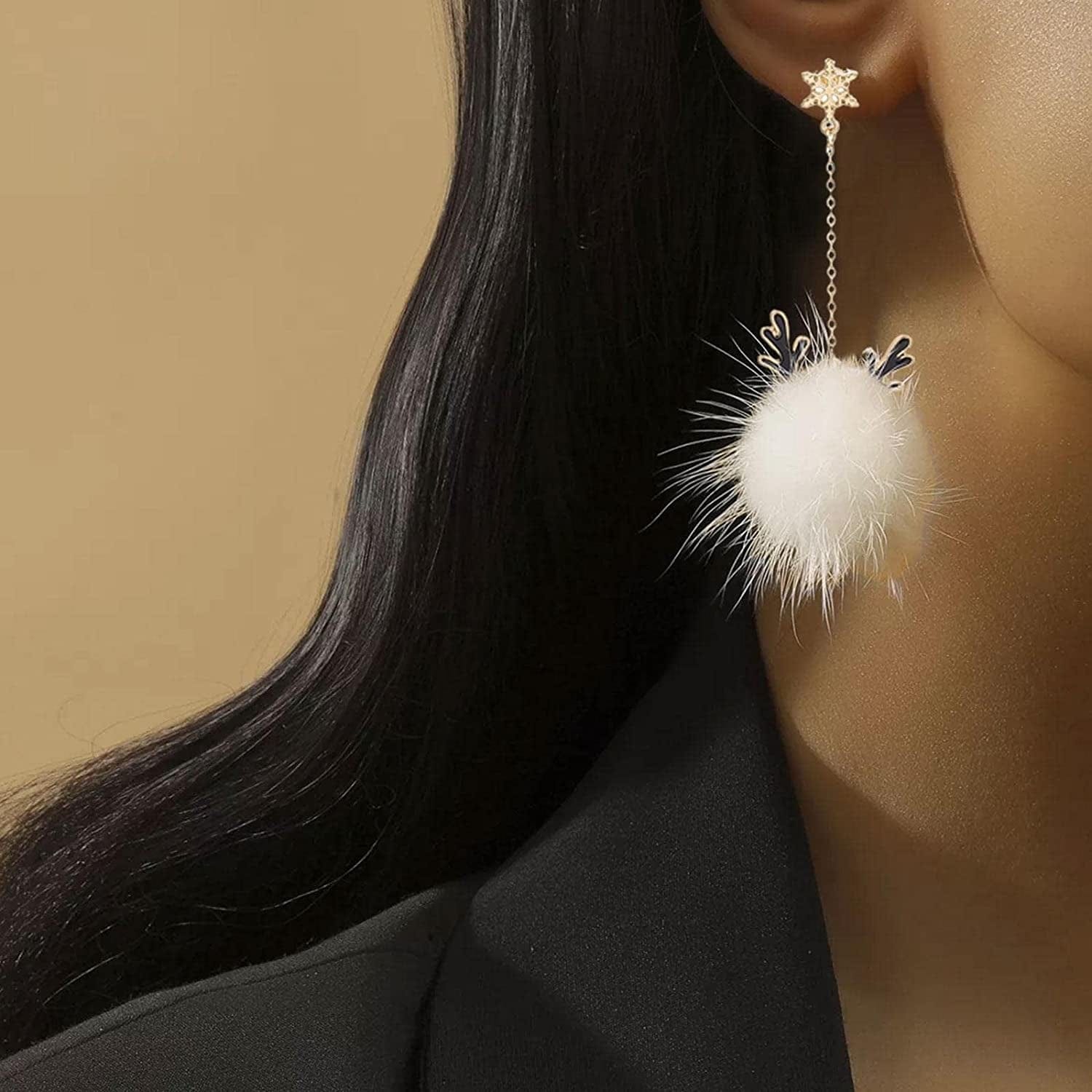 Snowflake Antler Hair Ball Earrings,Christmas Earrings with Snowflakes Reindeer,Xmas Holiday Jewelry,Autumn and Winter Ear Jewelry