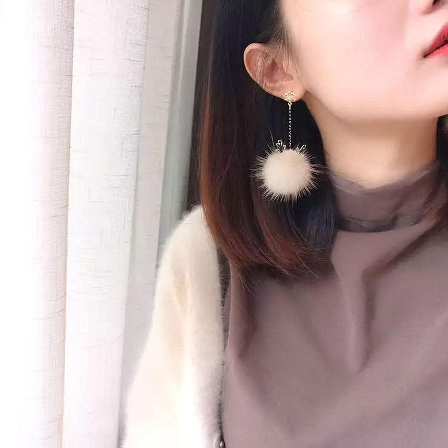 Snowflake Antler Hair Ball Earrings,Christmas Earrings with Snowflakes Reindeer,Xmas Holiday Jewelry,Autumn and Winter Ear Jewelry