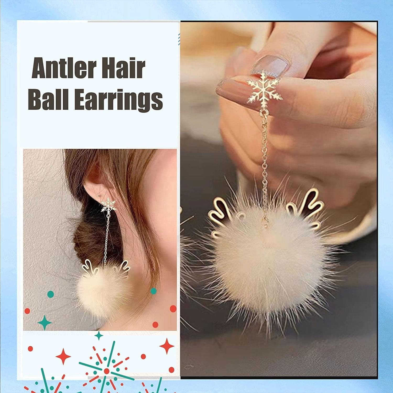 Snowflake Antler Hair Ball Earrings,Christmas Earrings with Snowflakes Reindeer,Xmas Holiday Jewelry,Autumn and Winter Ear Jewelry