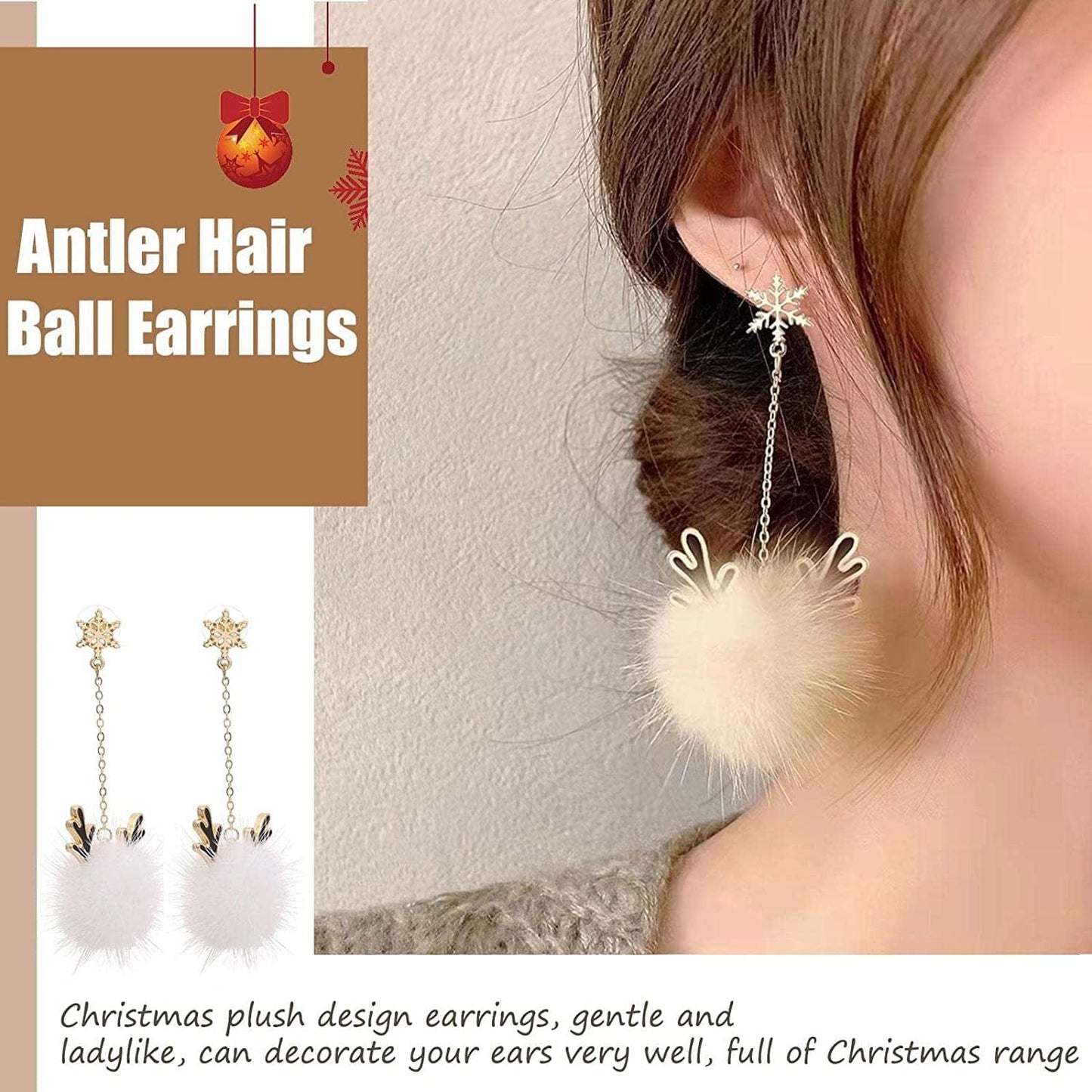 Snowflake Antler Hair Ball Earrings,Christmas Earrings with Snowflakes Reindeer,Xmas Holiday Jewelry,Autumn and Winter Ear Jewelry