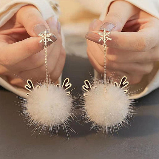Snowflake Antler Hair Ball Earrings,Christmas Earrings with Snowflakes Reindeer,Xmas Holiday Jewelry,Autumn and Winter Ear Jewelry Metal