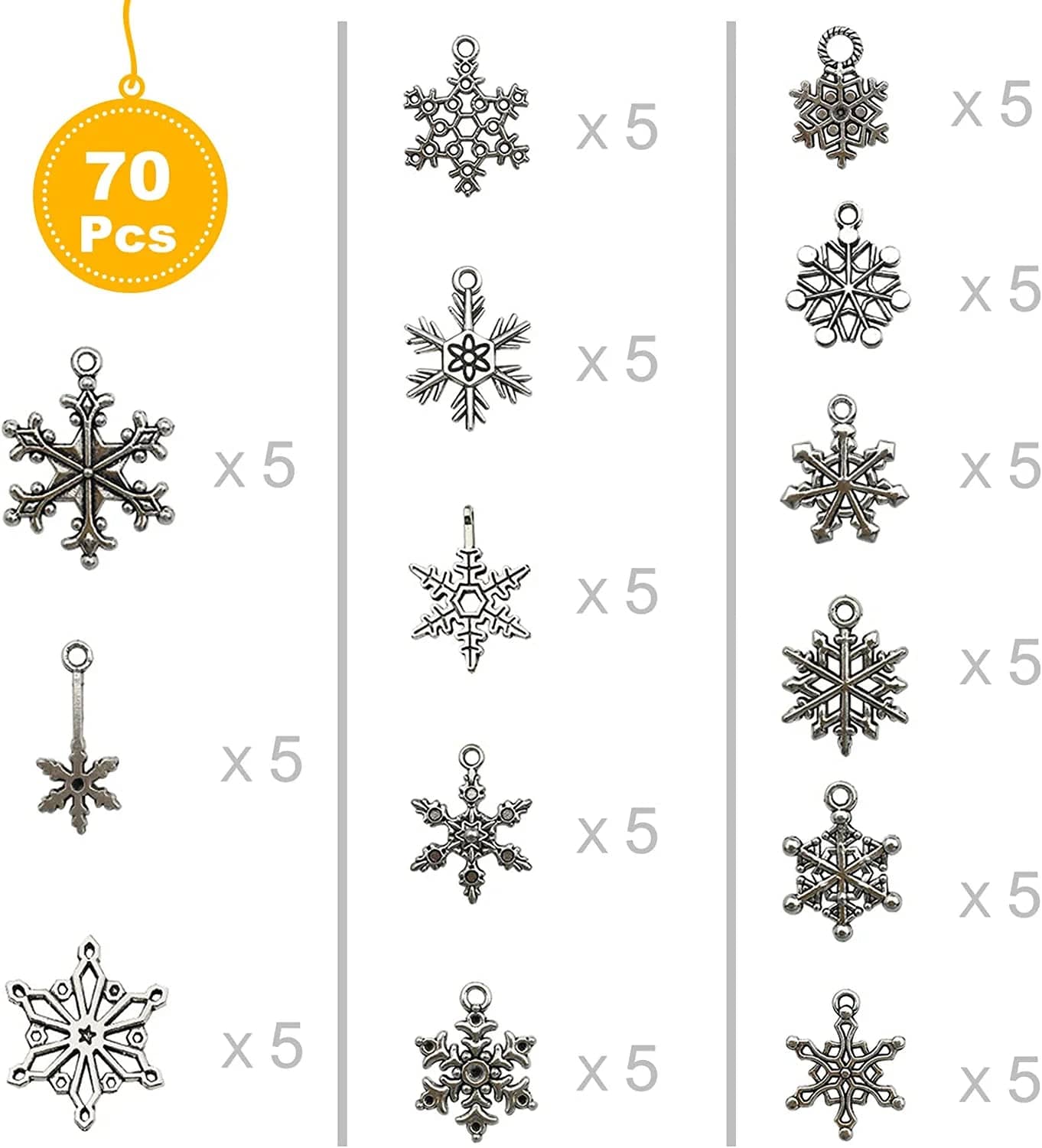 Snowflake Charms Pendants- Christmas 70 Pcs Assorted Antique Silver Bracelet Charms for DIY Jewelry Making Winter Charms for Bracelet Accessories Necklaces Earrings Supplies Xmas Crafting