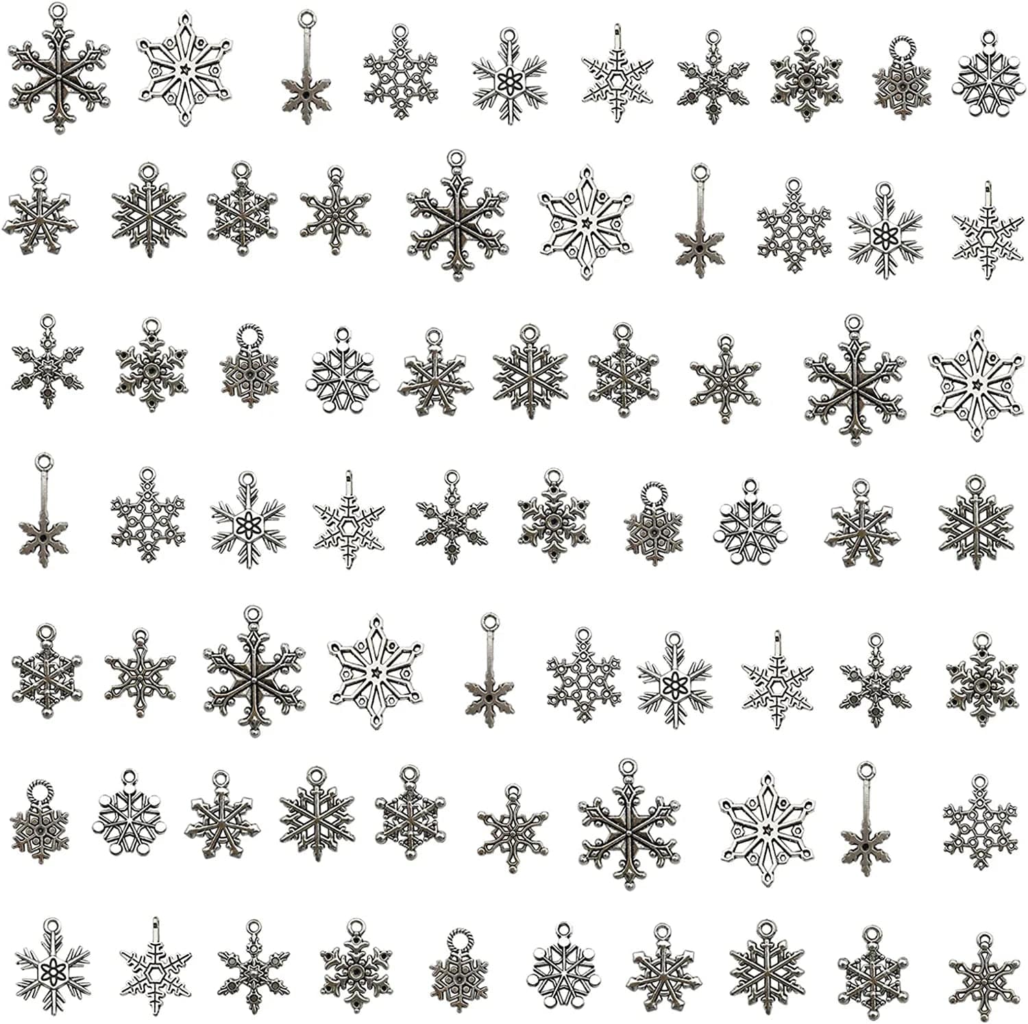 Snowflake Charms Pendants- Christmas 70 Pcs Assorted Antique Silver Bracelet Charms for DIY Jewelry Making Winter Charms for Bracelet Accessories Necklaces Earrings Supplies Xmas Crafting