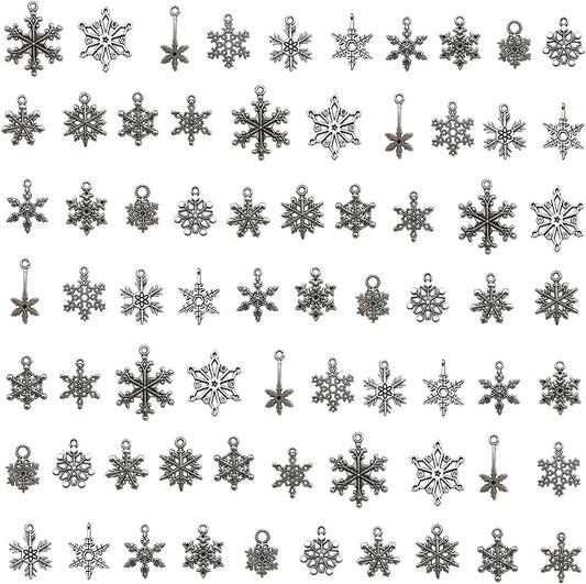 Snowflake Charms Pendants- Christmas 70 Pcs Assorted Antique Silver Bracelet Charms for DIY Jewelry Making Winter Charms for Bracelet Accessories Necklaces Earrings Supplies Xmas Crafting