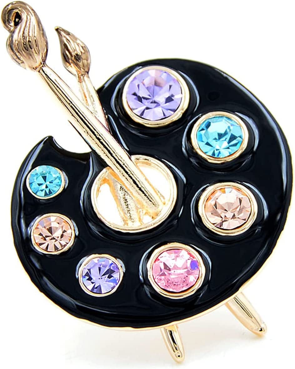 Sollarisy Painter Palette Brooch Pin Faux Enamel Crystal Rhinestone Lapel Pin Paint Brush Brooch for Men Women Artist,White, 3.4*4.5Cm Black