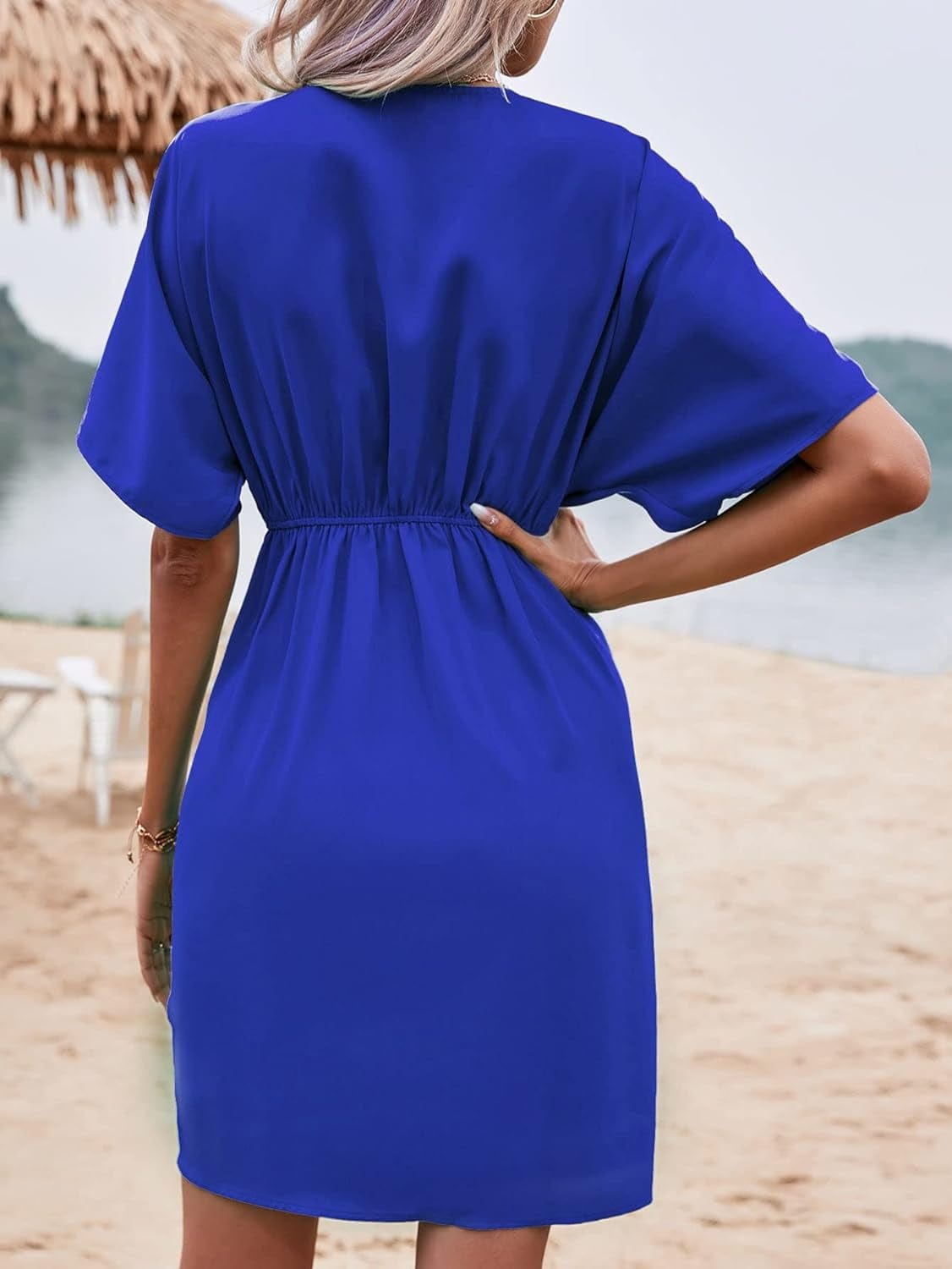 SOLY HUX Women'S Deep V Neck Twist Front Dress Summer Asymmetrical Short Sleeve High Waist Short Dress