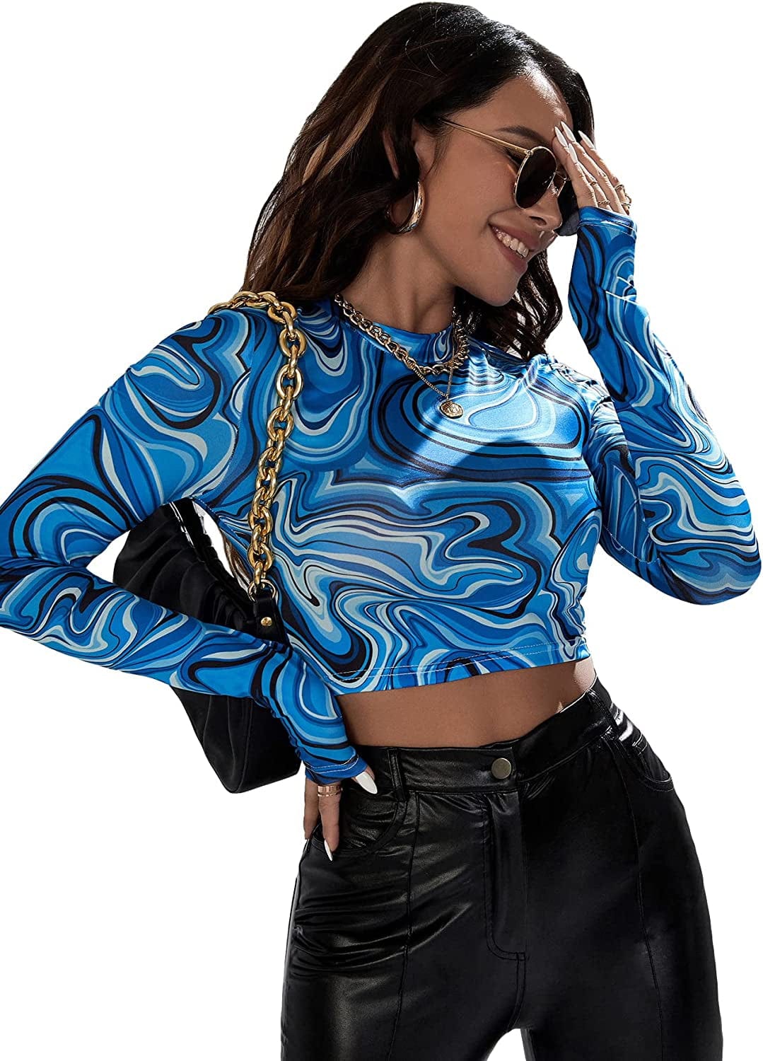 SOLY HUX Women'S Marble Print Tops T Shirts Slim Fitted Long Sleeve Tee Crop Top Blue Marble Print / Small