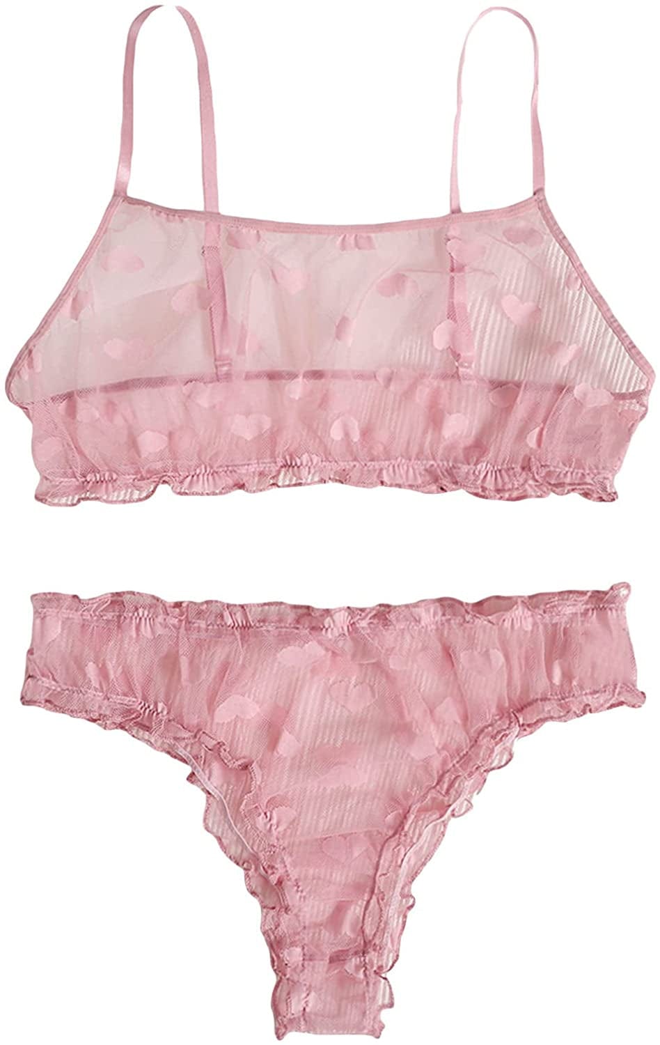 SOLY HUX Women'S Mesh Sheer See through Lingerie Set Sexy Lace Bra and Panty 2 Piece Pure Pink / 3X-Large Plus