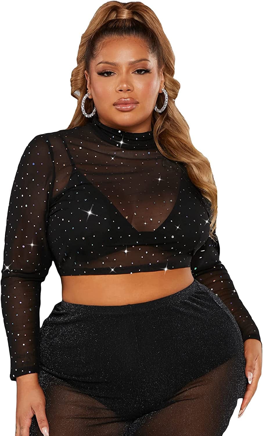 SOLY HUX Women'S See through Tops Floral Print Long Sleeve Tee Lettuce Trim Sexy Sheer Mesh Crop Top T Shirts Pure Black Rhinestone / XX-Large Plus
