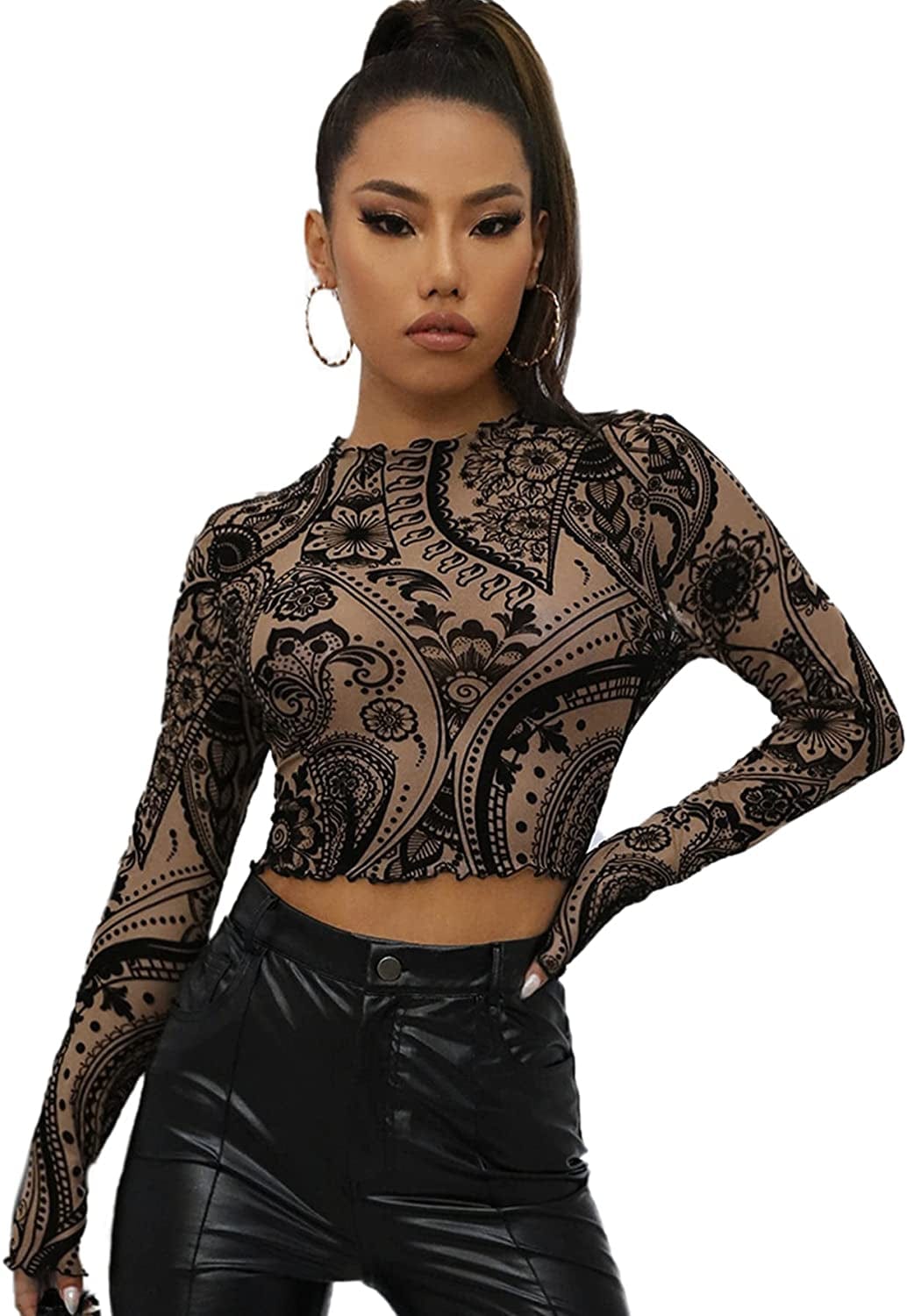 SOLY HUX Women'S See through Tops Floral Print Long Sleeve Tee Lettuce Trim Sexy Sheer Mesh Crop Top T Shirts Multicoloured / X-Large