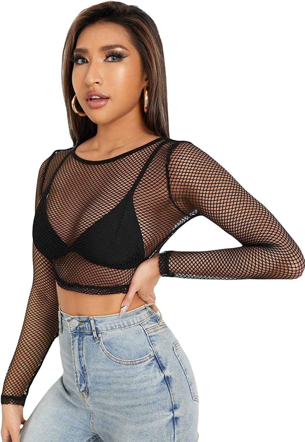 SOLY HUX Women'S See through Tops Floral Print Long Sleeve Tee Lettuce Trim Sexy Sheer Mesh Crop Top T Shirts Black Fishnet / Small