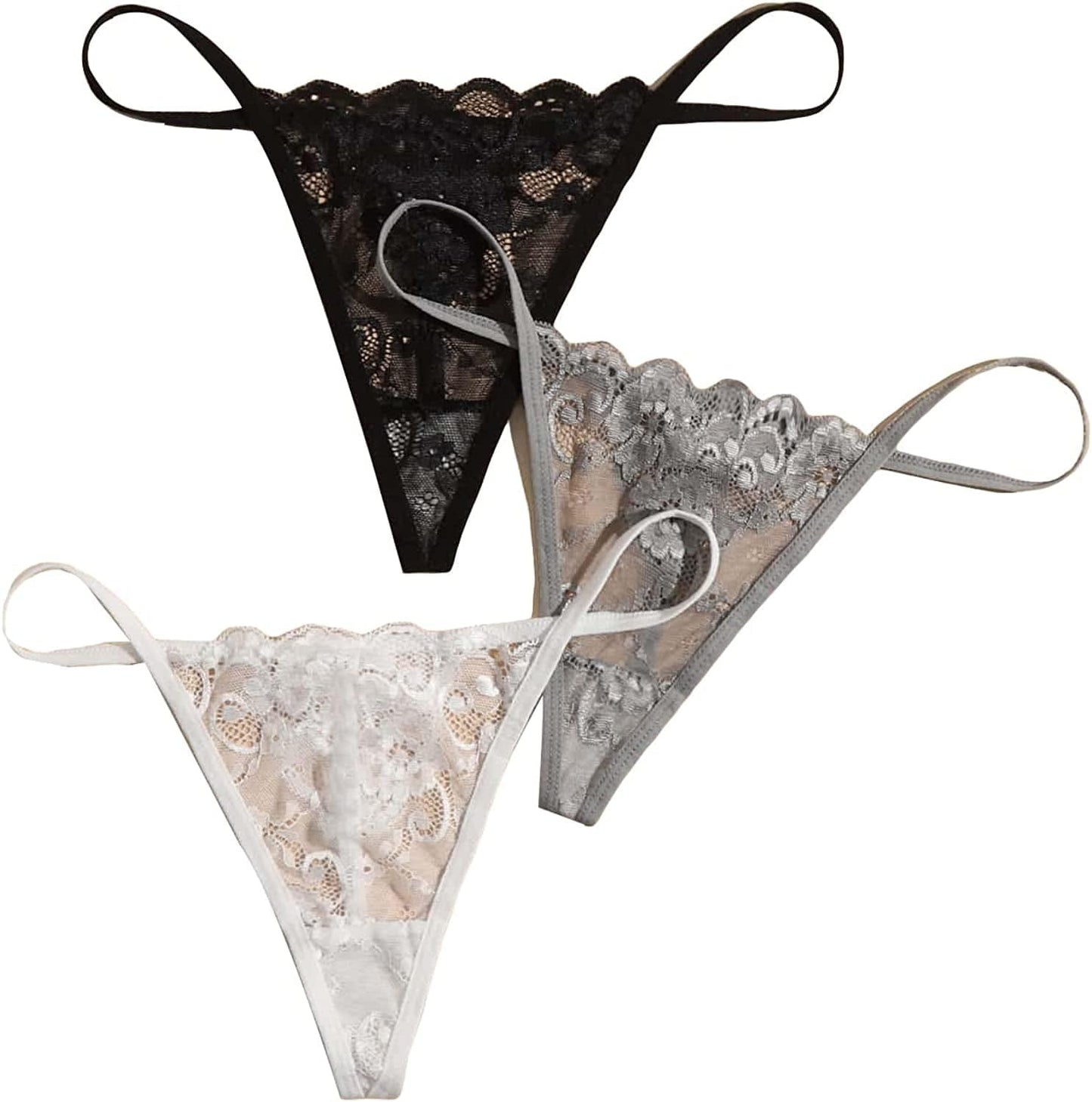 SOLY HUX Women'S Sexy 3 Piece G-String Lace Thongs V Cheeky Underwear Panties Black Grey White / Large