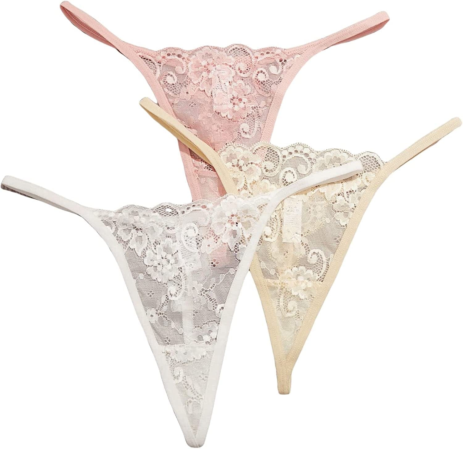 SOLY HUX Women'S Sexy 3 Piece G-String Lace Thongs V Cheeky Underwear Panties White Yellow Pink / Large