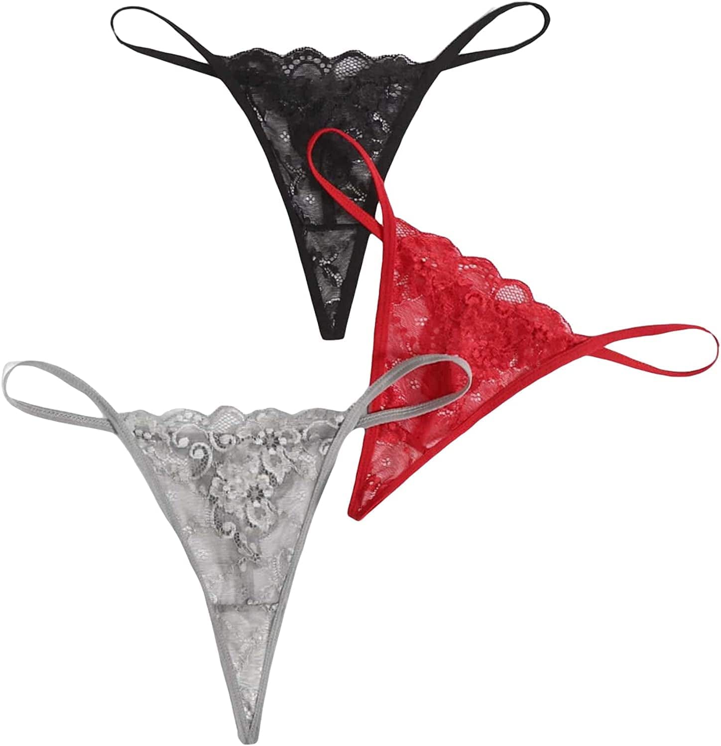SOLY HUX Women'S Sexy 3 Piece G-String Lace Thongs V Cheeky Underwear Panties Black Grey Red / Large