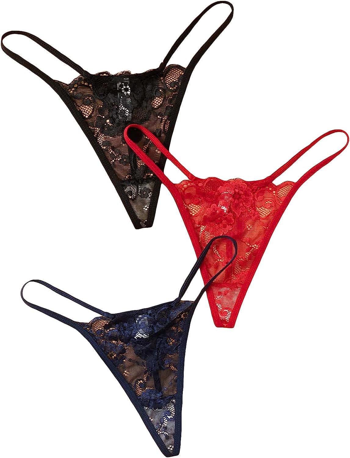 SOLY HUX Women'S Sexy 3 Piece G-String Lace Thongs V Cheeky Underwear Panties Black Red Navy Blue / X-Large