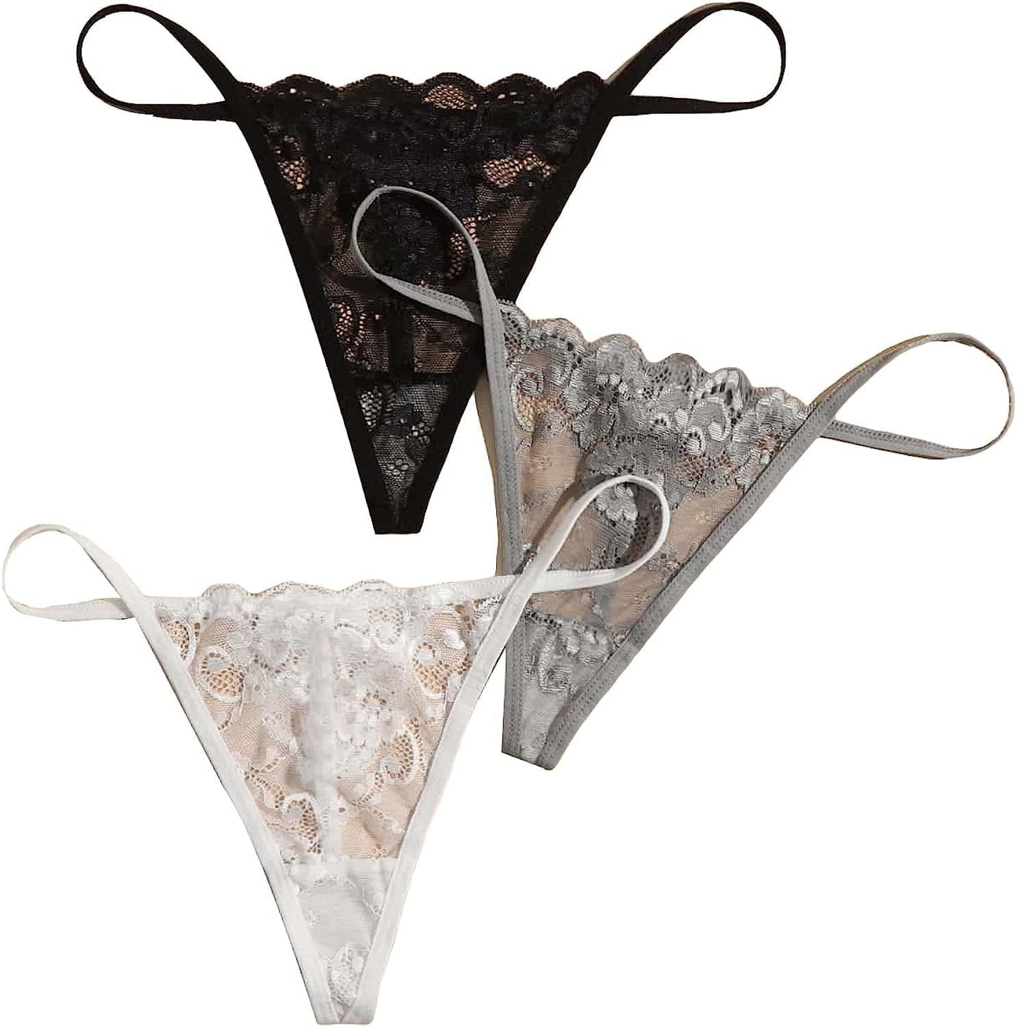 SOLY HUX Women'S Sexy 3 Piece G-String Lace Thongs V Cheeky Underwear Panties Black Grey White / Medium