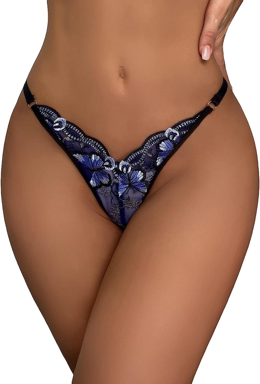 SOLY HUX Women'S Sexy Panties Thong for Women G-String Stappy Exotic Thongs Underwear Panties Blue Embroidery Mesh / Medium