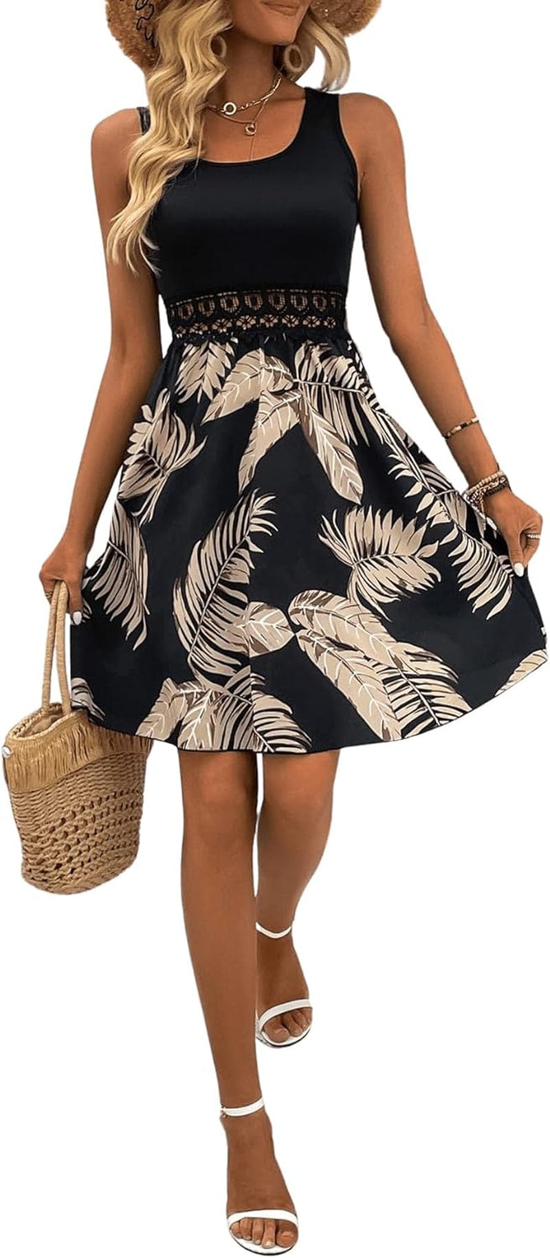SOLY HUX Women'S Tropical Print Contrast Lace Summer Dress Scoop Neck Sleeveless a Line Short Dresses