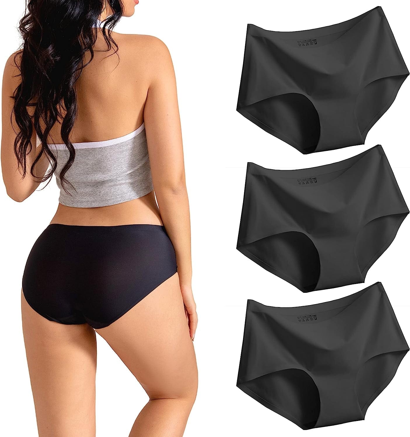 SONTOP BASIC Women’S 3 Pack Seamless Basic Invisible Underwear Bikini Hipster Briefs Panties FULL BACK Brief – 3 Pack – Black / Medium