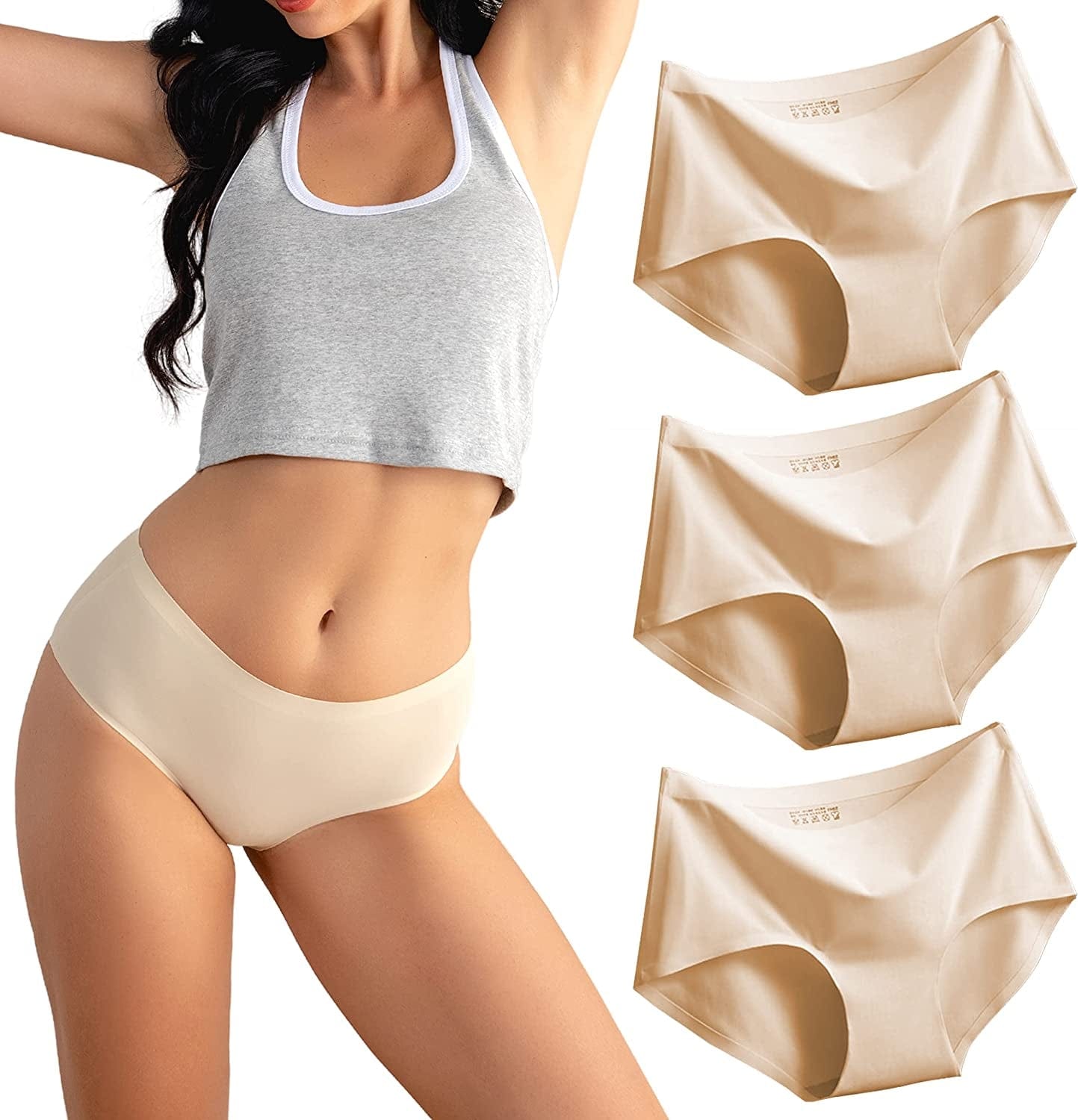 SONTOP BASIC Women’S 3 Pack Seamless Basic Invisible Underwear Bikini Hipster Briefs Panties FULL BACK Brief – 3 Pack – Nude / Medium