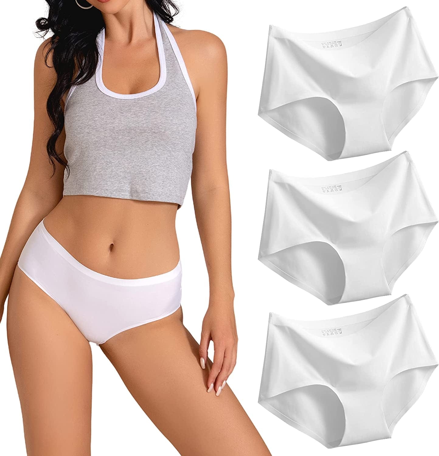 SONTOP BASIC Women’S 3 Pack Seamless Basic Invisible Underwear Bikini Hipster Briefs Panties FULL BACK Brief – 3 Pack – White / Medium