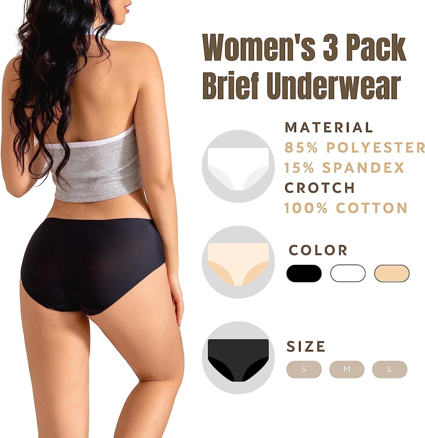 SONTOP BASIC Women’S 3 Pack Seamless Basic Invisible Underwear Bikini Hipster Briefs Panties FULL BACK