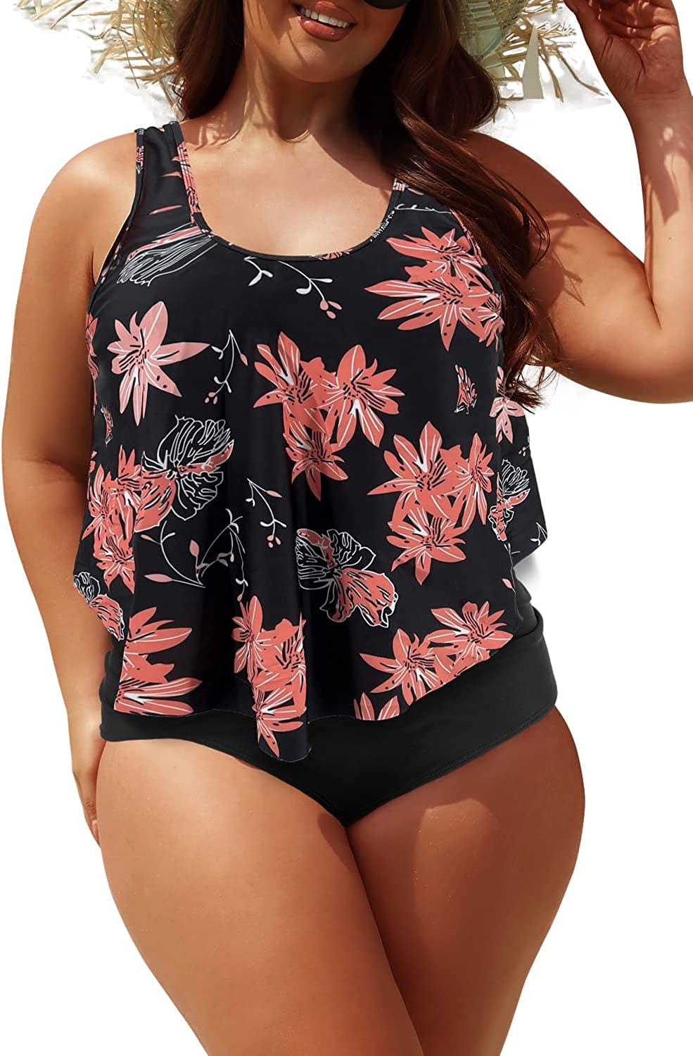 Souqfone Swimsuits for Women Two Piece Bathing Suits Ruffled Flounce Top High Waisted Bikini Set(Available in plus Size) 01flower-01 / XX-Large
