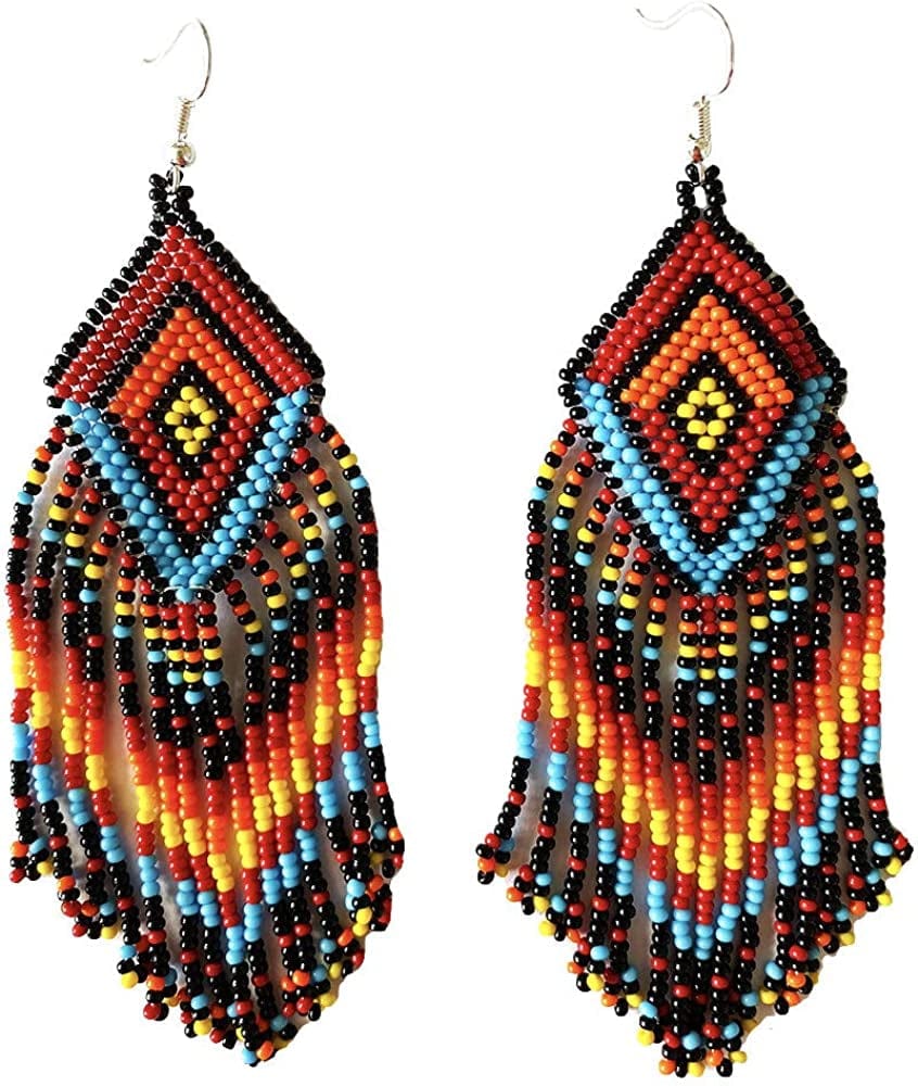 Southwestern Geometric Pattern Glass Seed Beaded Earrings Handmade Fire Red Sky Blue