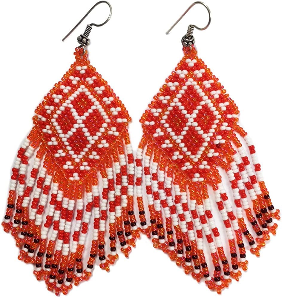 Southwestern Geometric Pattern Glass Seed Beaded Earrings Handmade Orange White