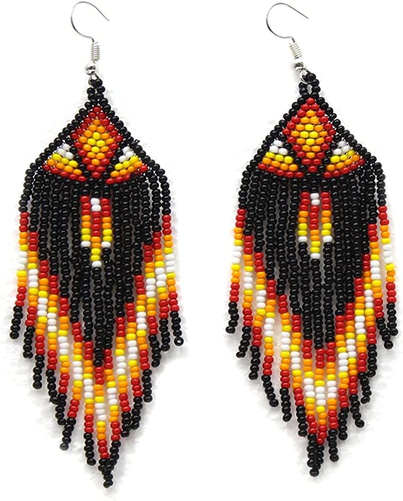 Southwestern Geometric Pattern Glass Seed Beaded Earrings Handmade Fire Black